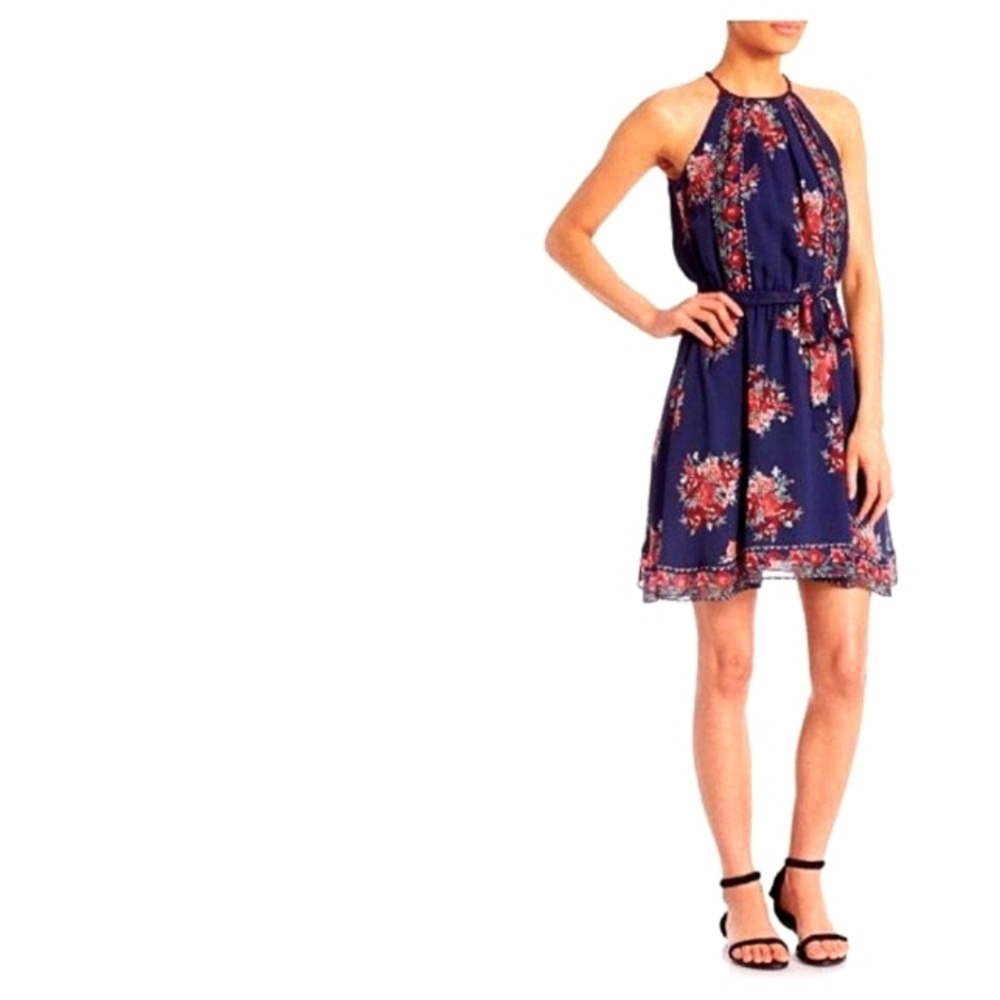 Joie Navy Floral Halter Makana Silk Dress L